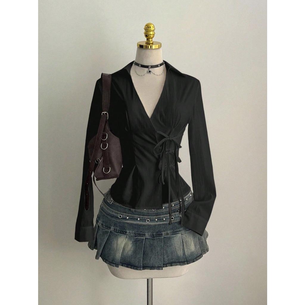 Women's Point Collar Long Sleeve Blouse Fitted Elegant Wrap Tie Side Casual Top
