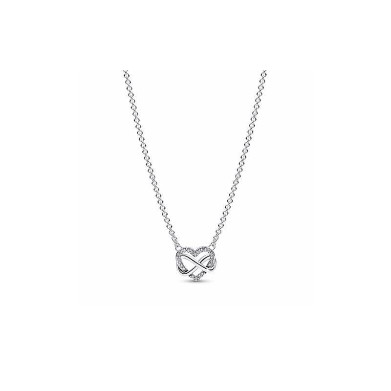 Pandora necklace Shining eternal knot, eternity symbol embellished with hollow heart shape, 925 silver synthetic cubic zirconia necklace 392666C01