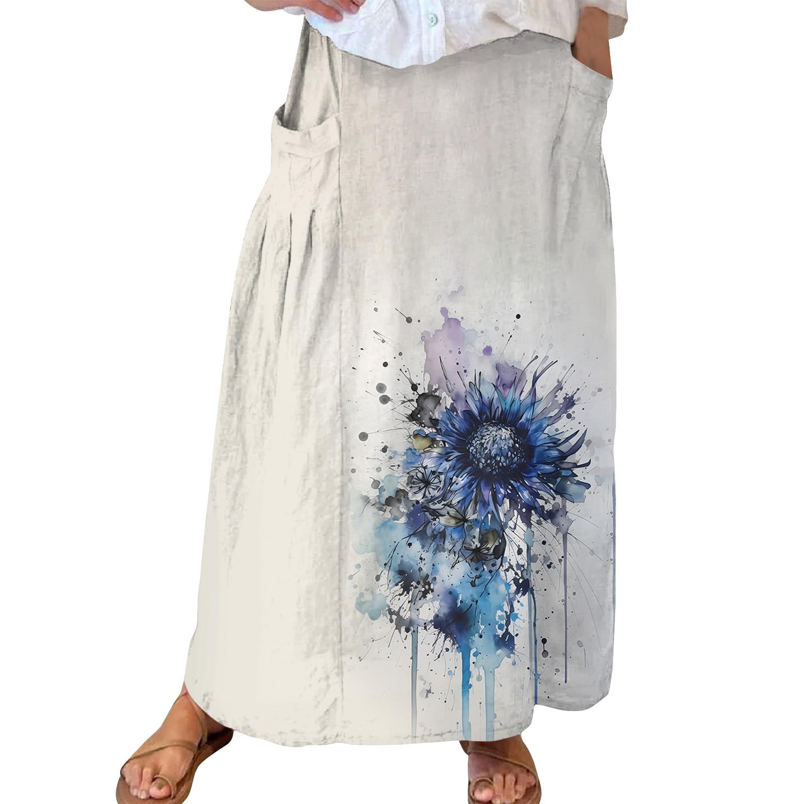 

Женская повседневная свободная юбка-макси в стиле бохо с эластичной резинкой на талии, пляжная, струящаяся, с карманом XXL синий