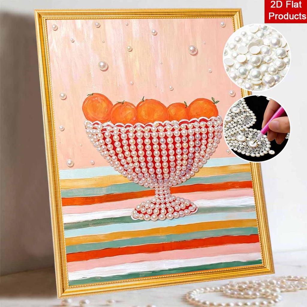 Easy DIY Framed Pearl Bead Painting Kit with Orange Fruit in Bowl Pattern 3D Sparkling Canvas Art for Home Decoration Gift Idea