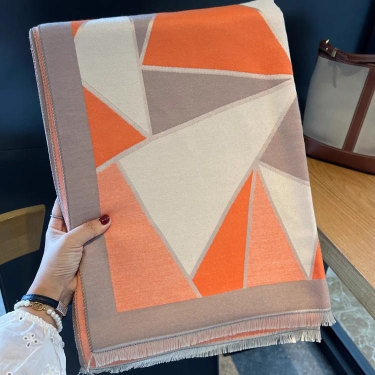 Vielseitiger Schal im koreanischen Stil, orangefarbener Reis, geometrischer Farbblock, offene Kante, Imitat-Kaschmir, doppelseitig verwendbar für Damen, warmer Winterschal, lange Stola