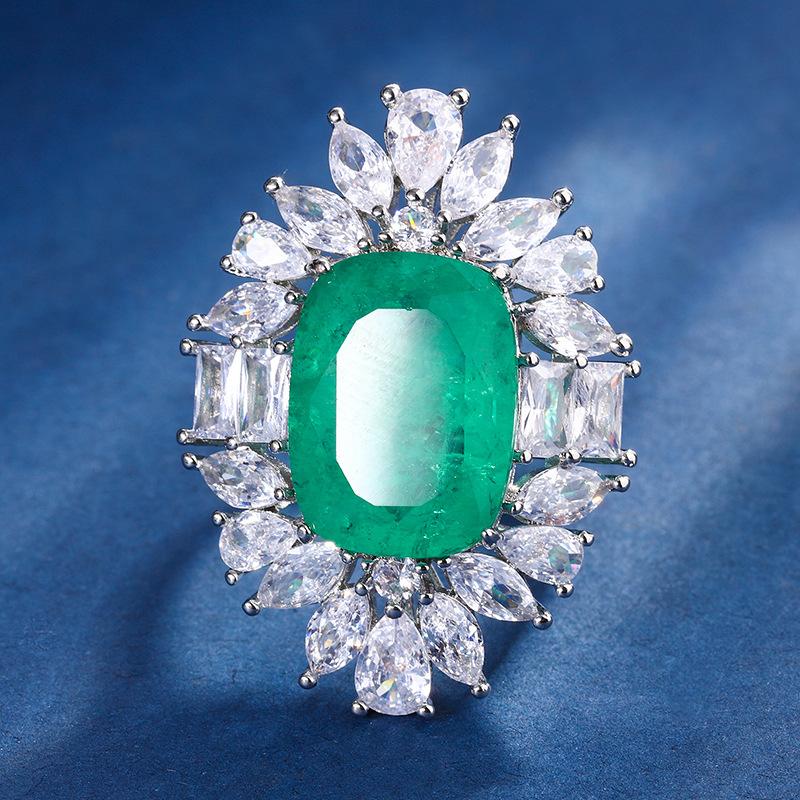 Jewelry Copper Bottom Plating Simulation Emerald Aquamarine Fat Rectangular Light Luxury Temperament Set Female 12 * 16