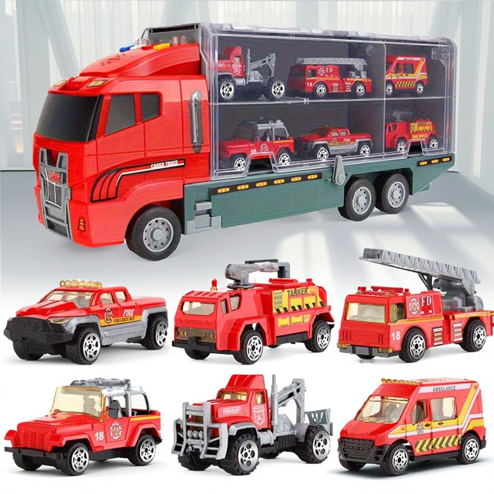 Children's Toy Set with Large Vehicle And 6 Small Cars - Engineering And Fire Truck Toys Combination for Kids