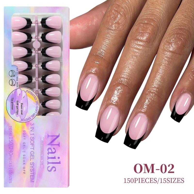 150Pcs Black French Tip Gel Nail Tips Short Coffin Shape Press on Nails Short for Women False Nails 15 Sizes