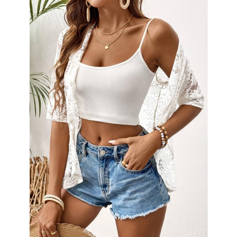 Elegant Women's Open Collar Contrast Lace Jacket - Lightweight Semi-Sheer Black & White Lace Panels, Spring Summer Fall Casual Chic Outerwear,