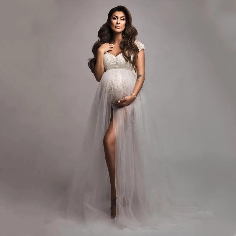 23 Styles: European & American Women's Sexy Lace Short-Sleeve Long Dress - Mesh Maternity Photography Attire