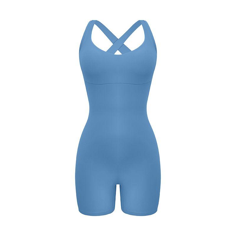 

New Jumpsuit High Support Back Cross Hollow-out Beauty Back Shorts Yoga Cowboy Blue L