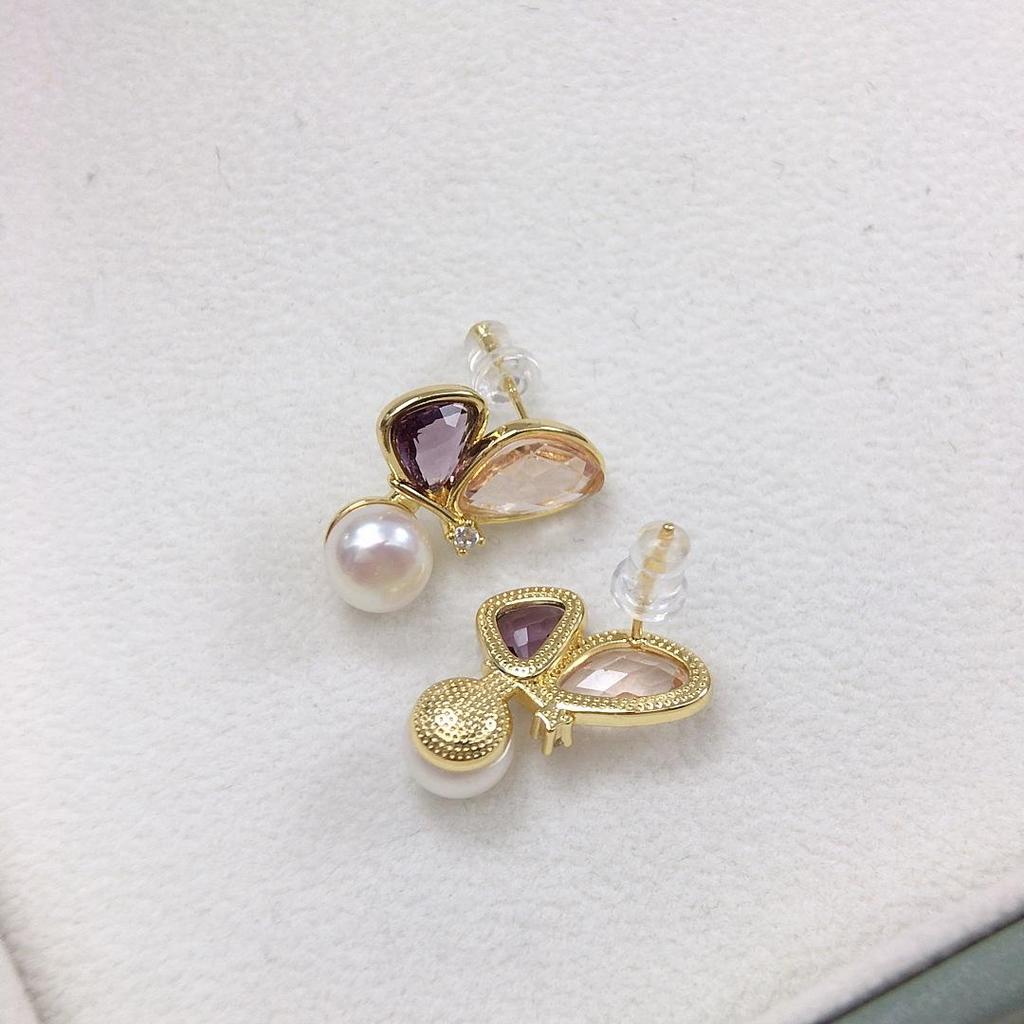 Zhuji Freshwater Pearl Studs with Zircon Butterfly Design