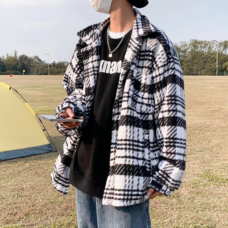 Men's Plaid Woolen Trench Coat: Autumn/Winter Japanese Retro Hong Kong Style, Loose Casual Jacket.