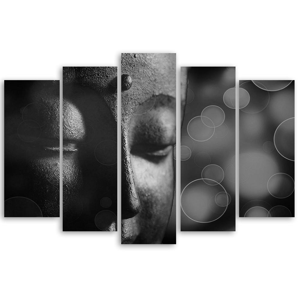 Fem deler bildelerretstrykk Buddha-statue svart og hvit