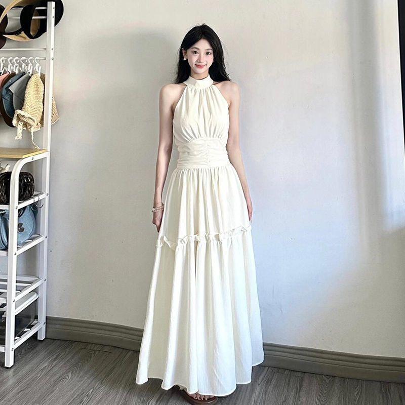 White Sleeveless Halter Neck Maxi Dress Women 2025 Vacation Style A-Line Waist-Cinching Elegant Long Beach Resort Party Small белый