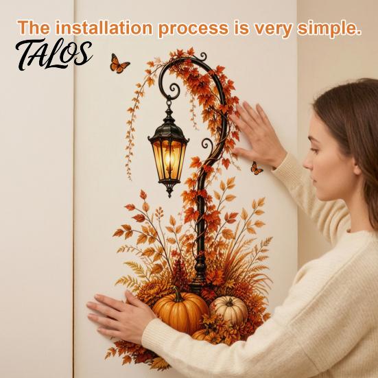 DIY Autumn Room Decor Pumpkin Street Lamp & Maple Leaves Wall Sticker, Waterproof PVC Fall Harvest Removable Leaf Art Decal, Decorative Peel And Stick