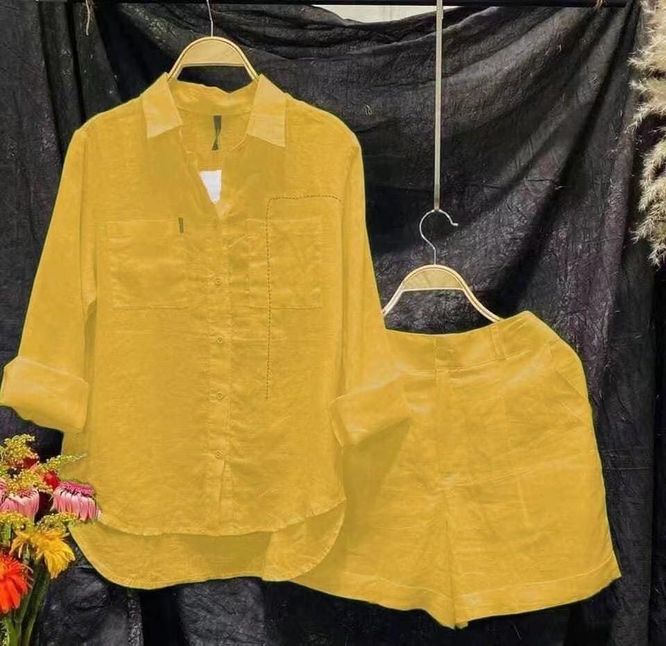 2023 Summer Women's Cotton Linen Long Sleeve Cardigan Two-Piece Set
