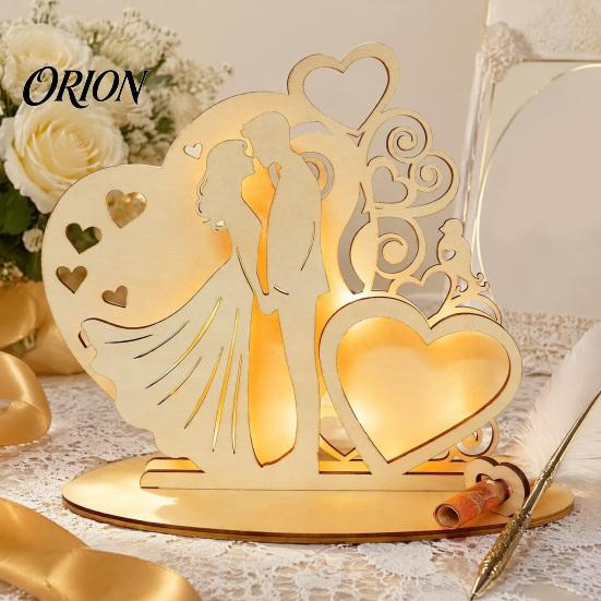Rustic Wood Carving Art Wooden Couple Ornaments with LED Lights, Romantic Statue Heart Atmospheric Wedding Table Centerpiece Design, Warm Glow