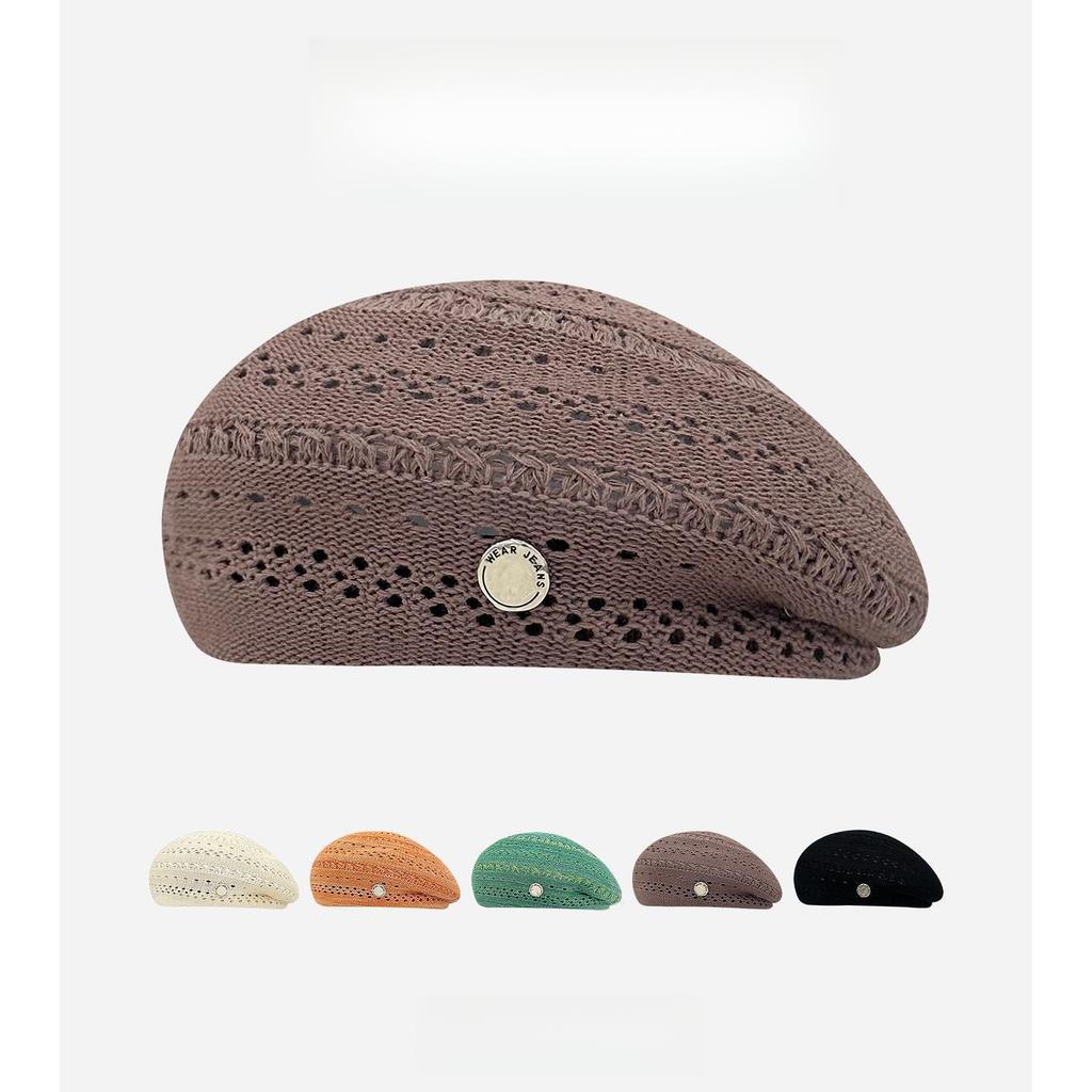 Summer Moss Green Retro Hollow-Out Knitted Beret Women Face-Slimming Trendy Artist Hat Painter Cap Female