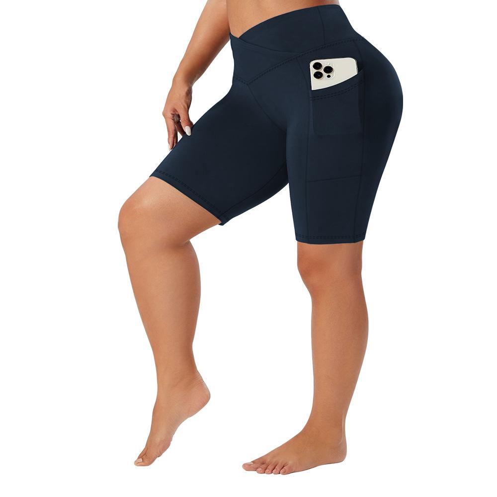 Women Plus Size Cross Waist Pockets Summer Knee Length Yoga Biker Shorts