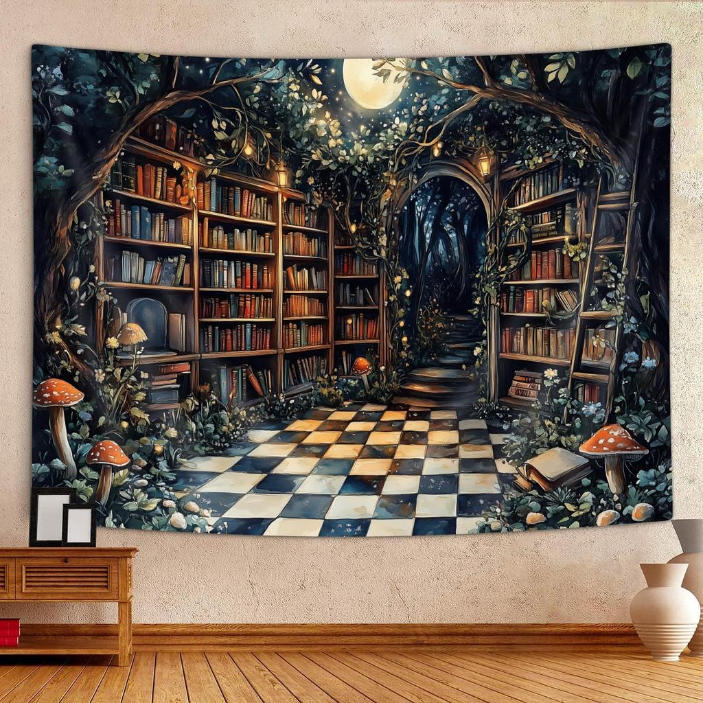 JAWO Fantasy Fairy Forest Tapestry Aesthetic, Witchy Mushroom Moon Vintage Library Nature Tapestry Wall Hanging for Bedroom, Dar