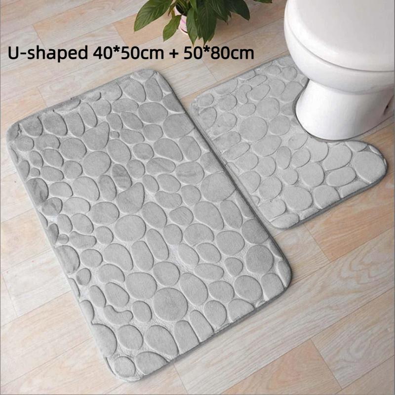 Non Slip Absorbent Bathroom Rug Set Grey Soft Pebble Design 1/2 Piece for Bathroom Toilet Front Floor Use