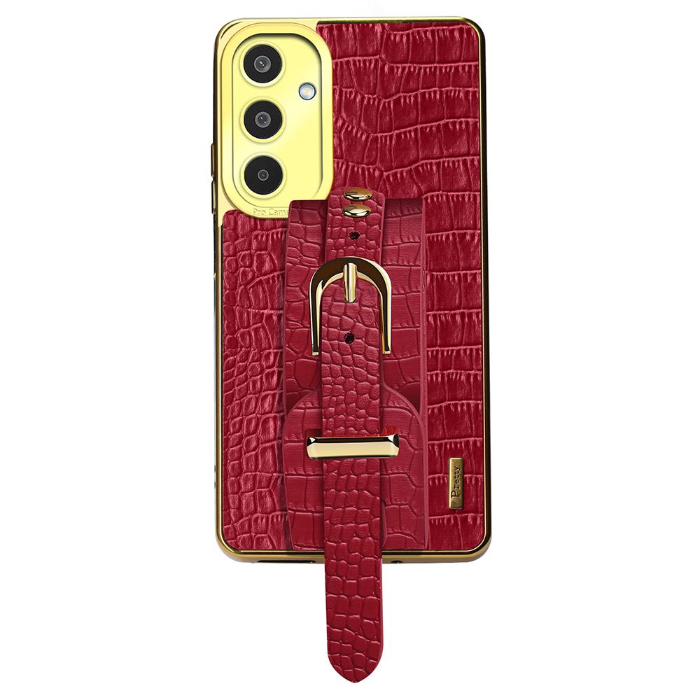 For Samsung Galaxy M35 5G Case Wristband Kickstand PU Leather+TPU 6D Electroplating Phone Cover