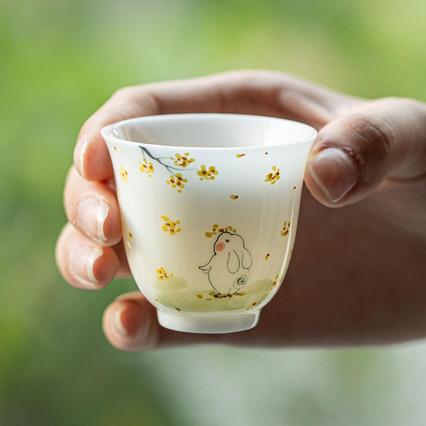 Hand Painted Underglaze Jade Rabbit Tea Cup White Porcelain Tea Set Chinese Tea Ceremony 35ML