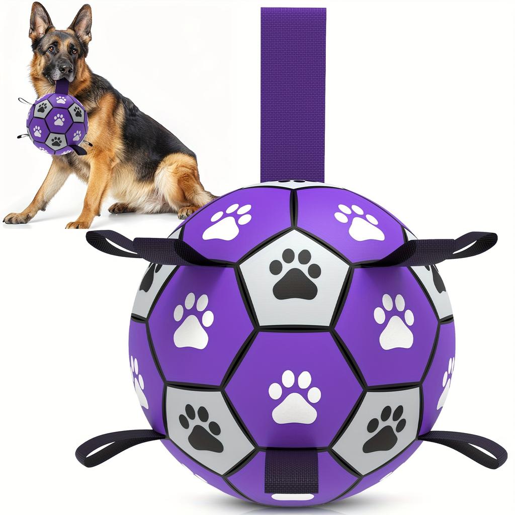 Durable Rubber Dog Soccer Ball with Straps - Interactive Chew-Resistant Pet Toy for All Breed Sizes, Purple &Black with Paw Print Design,Dog Ball Toy