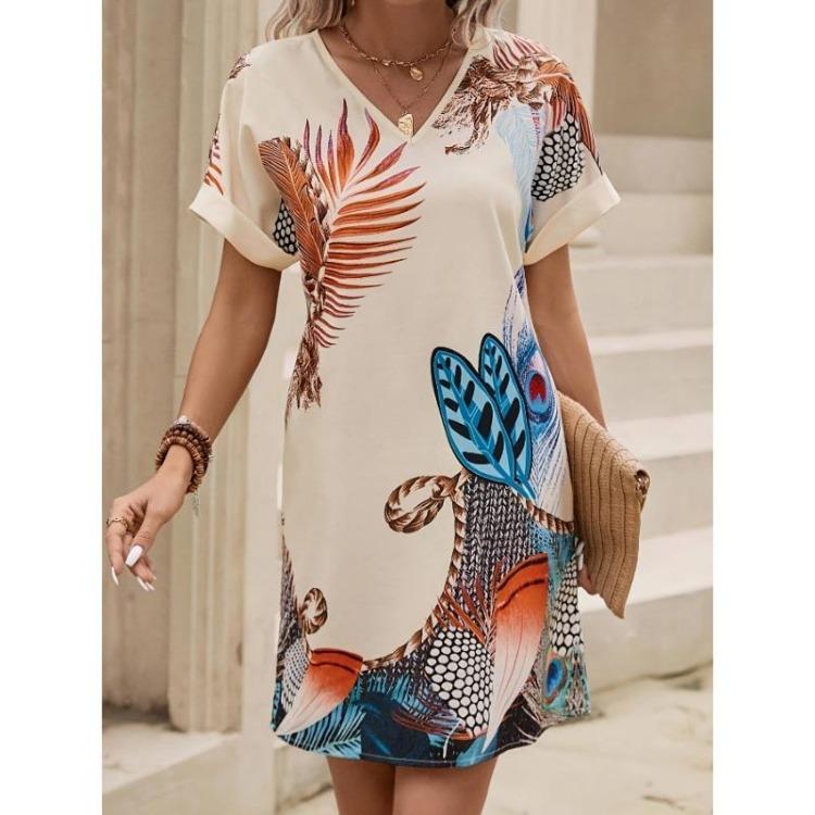 V Neck Short Sleeve Vintage Printed Dress Women Spring Summer Fashion S