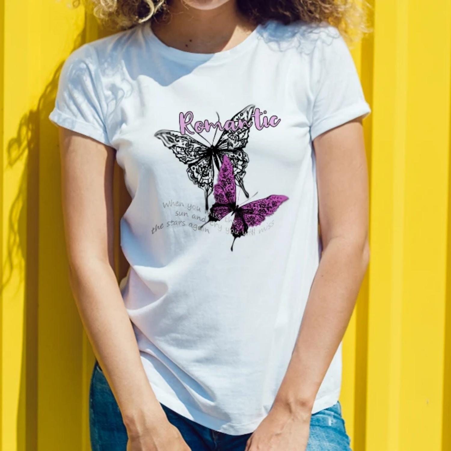 Charming WomensShort SleeveTShirt Romantic Design with Black and Purple Butterflies and Poetic Quote Graphic for an Amorous Look XXXXXL белый