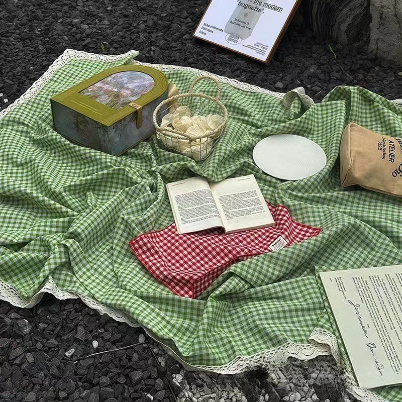 1Pcs 100×150Cm Linen Lace Red Checkered Picnic Mat Outdoor Camping Atmosphere Grass Land Blanket Tablecloth Outing Car Trunk Mat