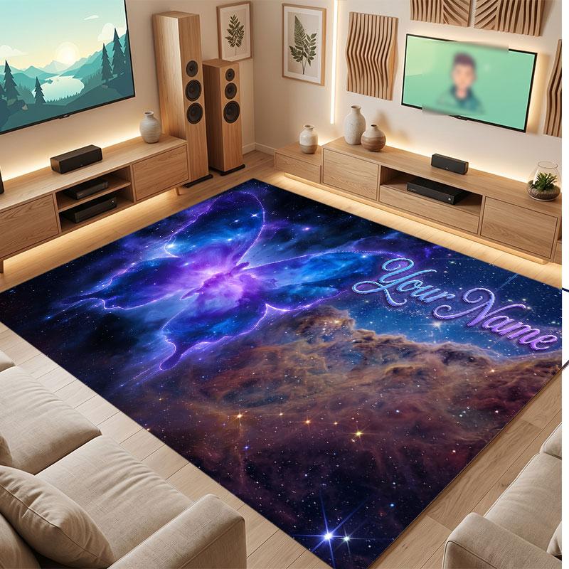 Butterfly Theme Crystal Velvet Floor Rug Personalized Custom Name Text Warm Carpet Home Decoration