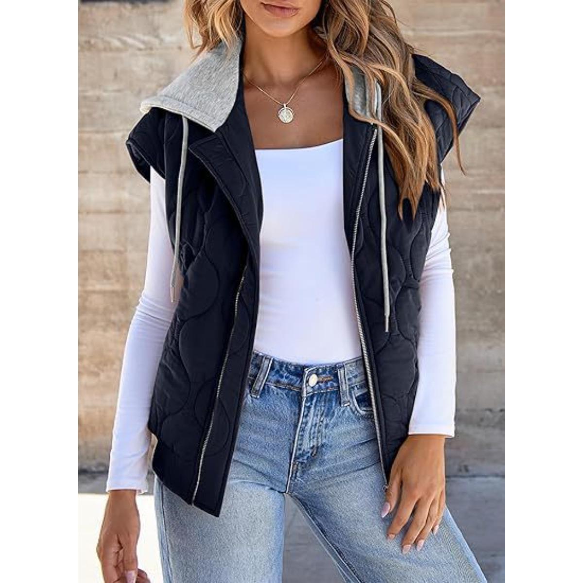 

2025 New Arrival Women s Color Block Sleeveless Jacket Autumn Casual Drawstring Hooded Vest Ladies Fashion Outerwear XXL тёмно-синий