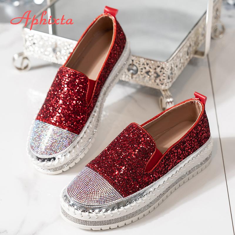 Fashion Aphixta Luxury Crystals Flats Women Slip On Red Pink Khaki Women Sexy Platform Casual Women Shoes Flats Female Rhinestone Loafer