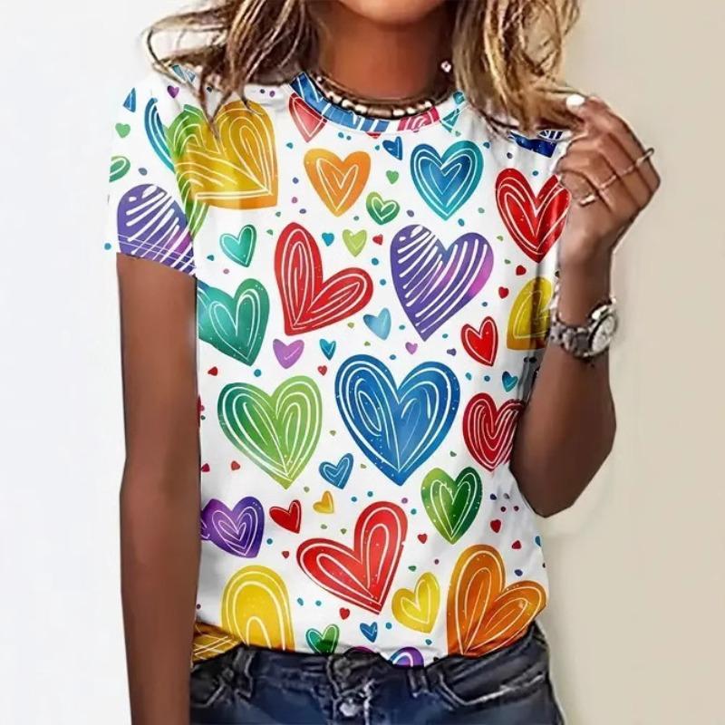 Casual Versatile Fashionable High-quality Heart Patterned Short Sleeved Round Neck T-shirt