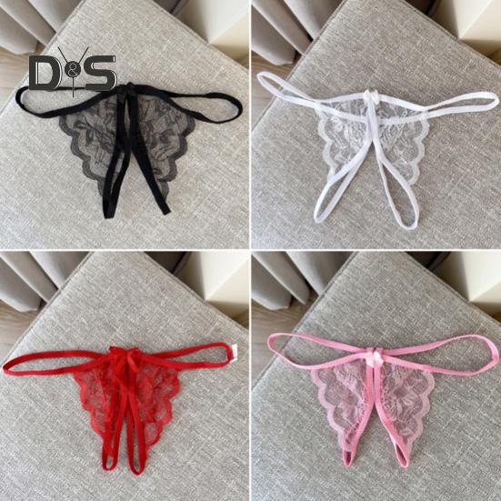 Women Panties Lace Open Crotch See through Bow knot Decor Solid Color Thongs G string Lady Low Waist Thin Intimate Women Underwear