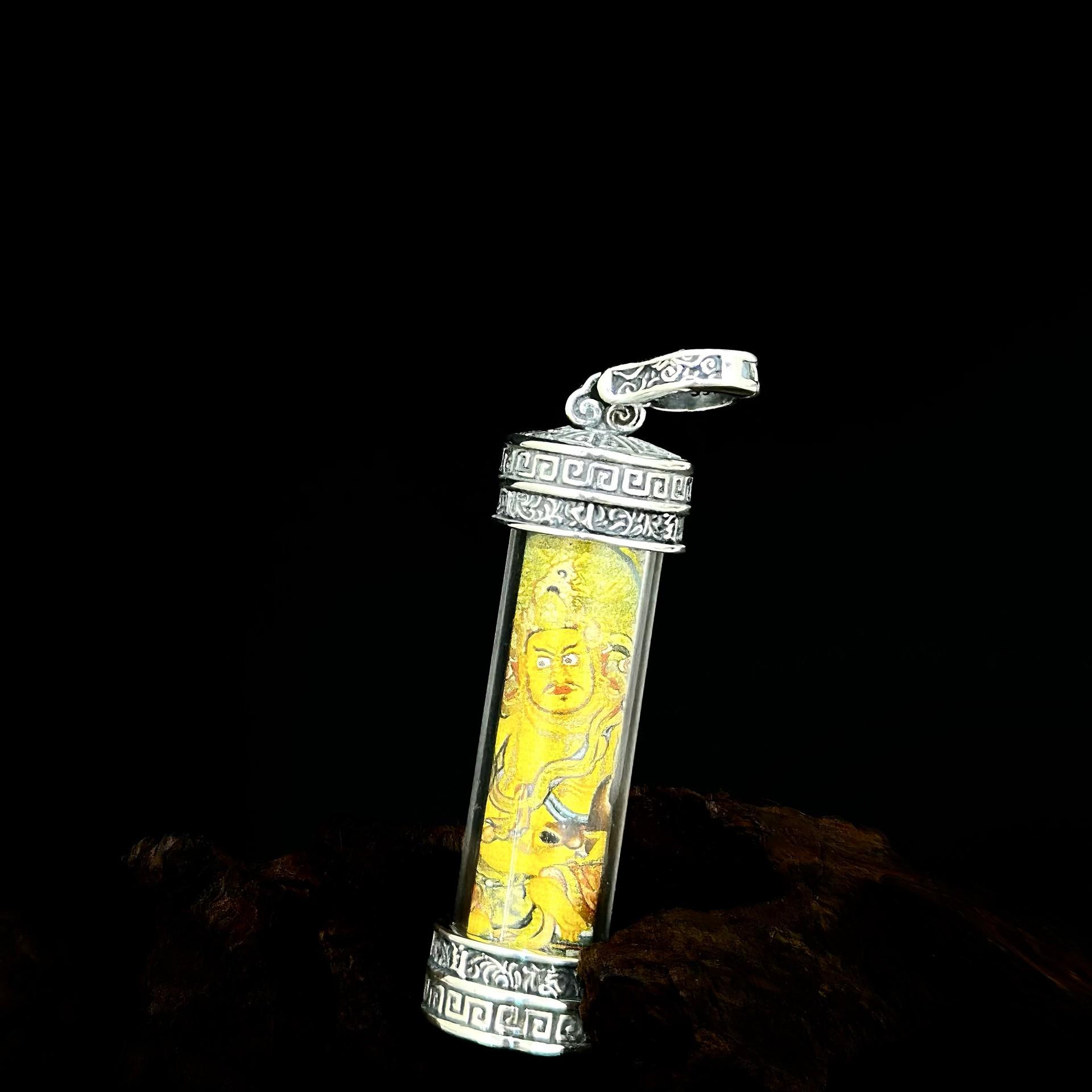 S925 Sterling Silver Green Tara & Yellow Jambhala Semi-Hand-Painted Thangka Pendant - Vintage Ethnic Style Six-Syllable Mantra Charm S925 Silver