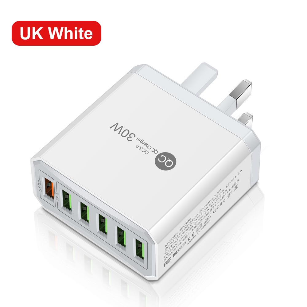 30W 6-Port QC3.0 Fast Charger with EU, US, UK, Korean Plugs
