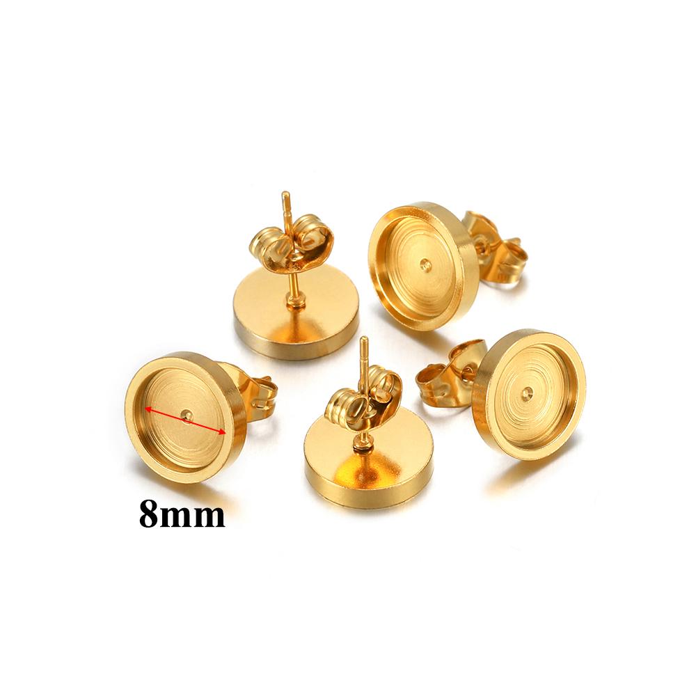 20pcs 6 8 10 12mm Gold Stainless Steel Flat Stud Earring Base Setting Blank Earring Cabochon Tray DIY Jewelry Making Wholesale