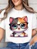 Brillen-Print - Atmungsaktives Rundhals-Oberteil für Frühling & Sommer Damen Casual Kurzarm-T-Shirt mit Süßer Cartoon-Katze
