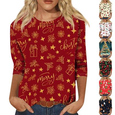 Women's Casual Three-Quarter Sleeve Christmas Print Round Neck Top