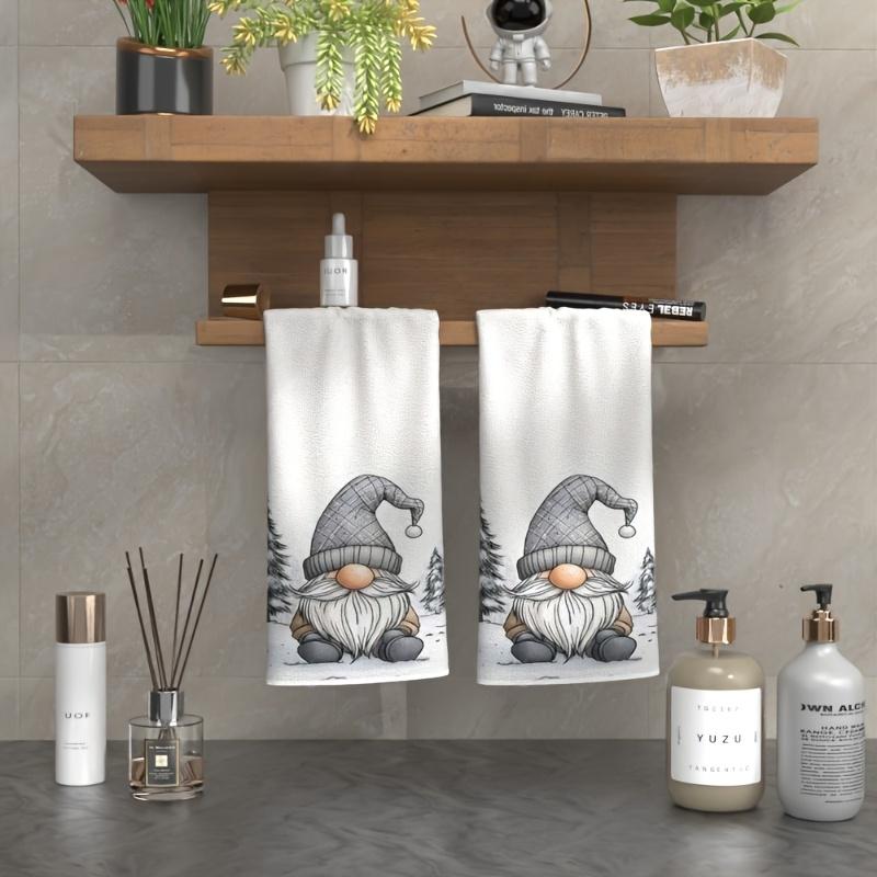2pcs Christmas Gnome Kitchen Towels - Extra Soft Microfiber, Cute Cartoon Gnome Art with Winter Hat & Snowy Trees Design