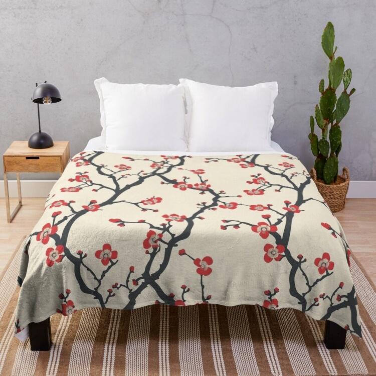 White Pink Cherry Blossom Flannel Throw Blanket Romantic Flowers King Queen Full Size For Living Room Sofa Couch Lightweight