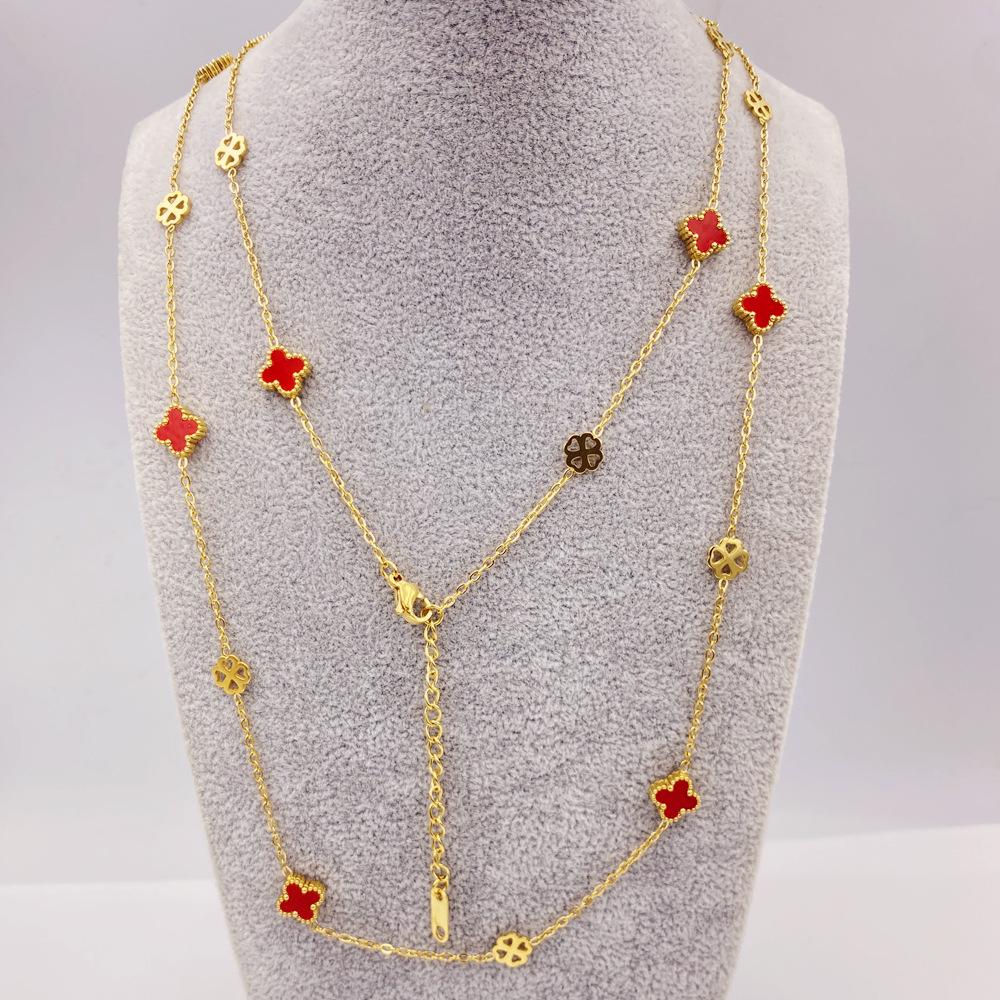 Titanium Steel 9MM Four-leaf Flower 20 Flowers Sweater Chain 90CM Double-sided Lucky Four-leaf Clover Necklace Spring Fall and Winter Necklace