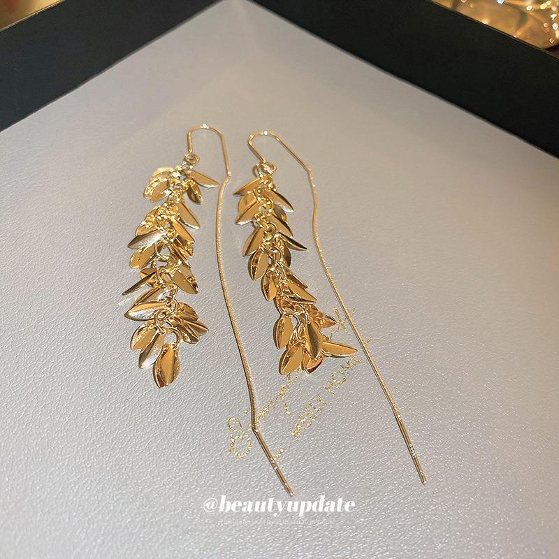 Real gold electroplated leaves fringed ear hooks earphones integrated Korean fashion temperament long earrings temperament earrings wholesale