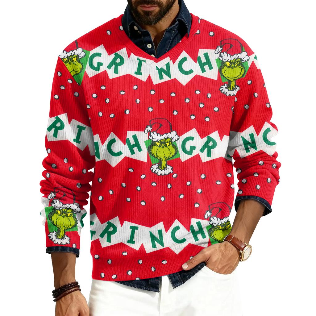 Men's V-neck Long Sleeve Ribbed Knit Pullover