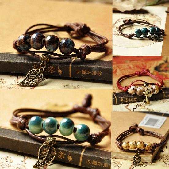 Ethnic Leaf Cat Charm Ceramics Beaded Bracelet Women Handwoven Jewelry Gift