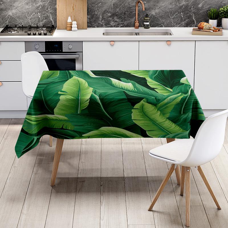 Banana Leaf Print Tablecloth Green Floral Design Decorative Home Dining Mat for Kitchen Easy Wash Waterproof Rectangular Table L