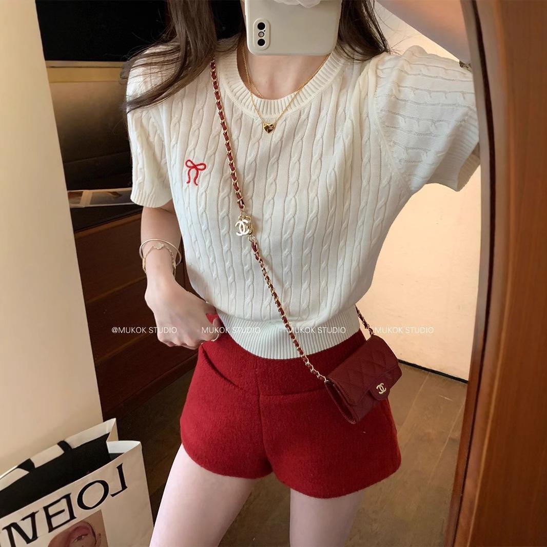 

Petite Slim Fit Korean Cable Knit Embroidered Bow Short Sleeve T-shirt for Women - 2025 Summer Collection S