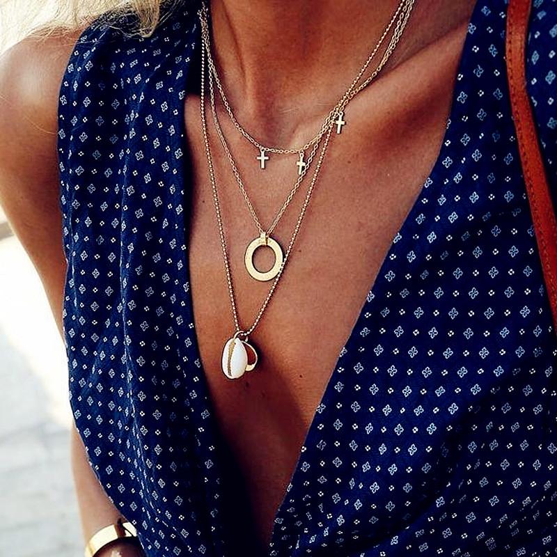 Boho Vintage Shell Circle Cross Pendant 