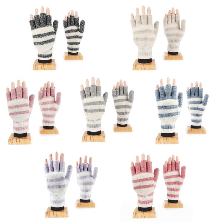 Striped Pattern Glove Plush Fingerless Mittens with Flip Top Knitted Gloves