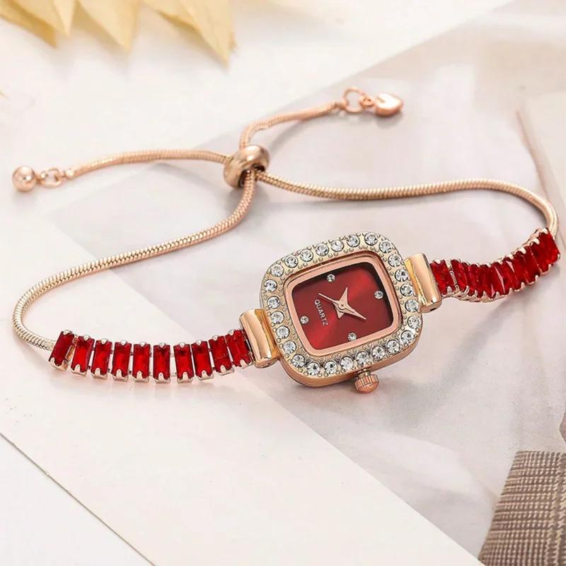 Women's Inlaid Zircon Flexible Pull Out Bracelet with Diamond Square Alloy Case Rhinestone Scale Simple Dial Quartz Watch