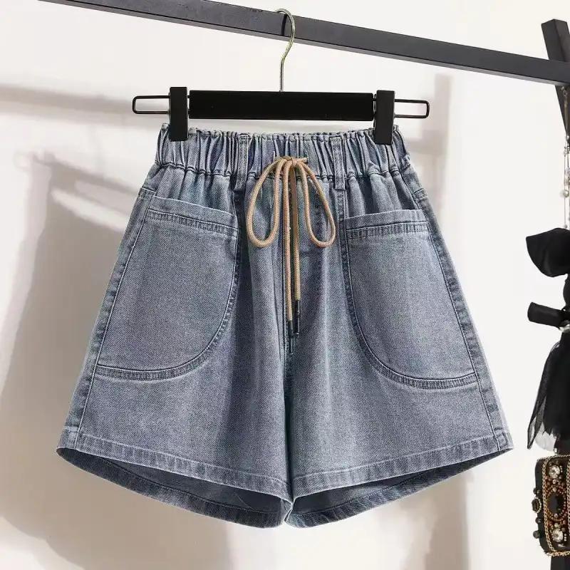 

Spring All Match Elastic Korean Edition Cowboy Shorts for Women with Wide Legs Street Casual Loose Fashion Quarter Hot Pants 5XL